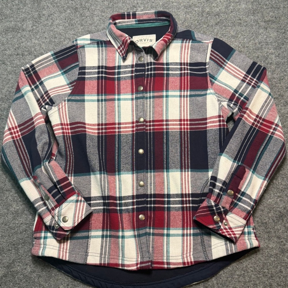 ORVIS Fleece Lined Flannel Shirt Jacket Red Navy Plaid Snap Front Shacket Medium